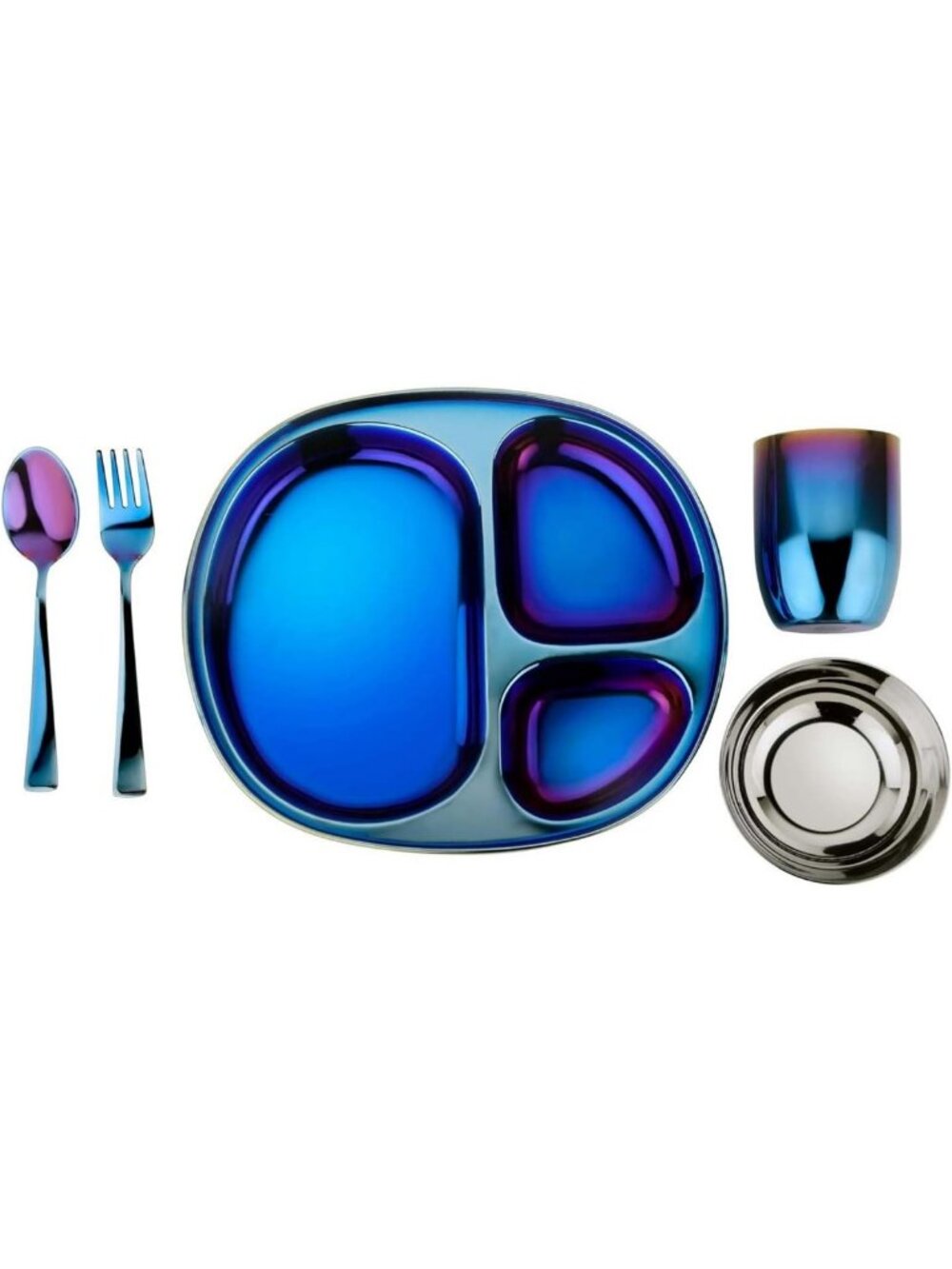 Iridescent Blue 5-Piece Stainless Steel Kids Dinnerware Set - Durable & Safe